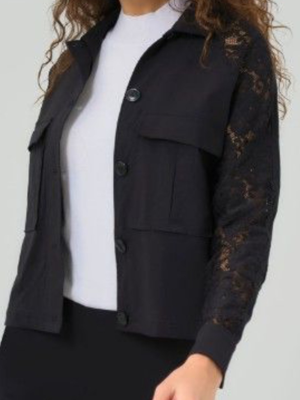 Anatomie Sutton Trucker jacket with Black Lace-Sleeve & Front Patch Pockets NWT